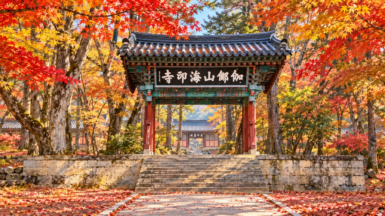 합천 해인사 일주문을 실제 사진을 참고하여 단풍 풍경으로 AI 재구성한 이미지