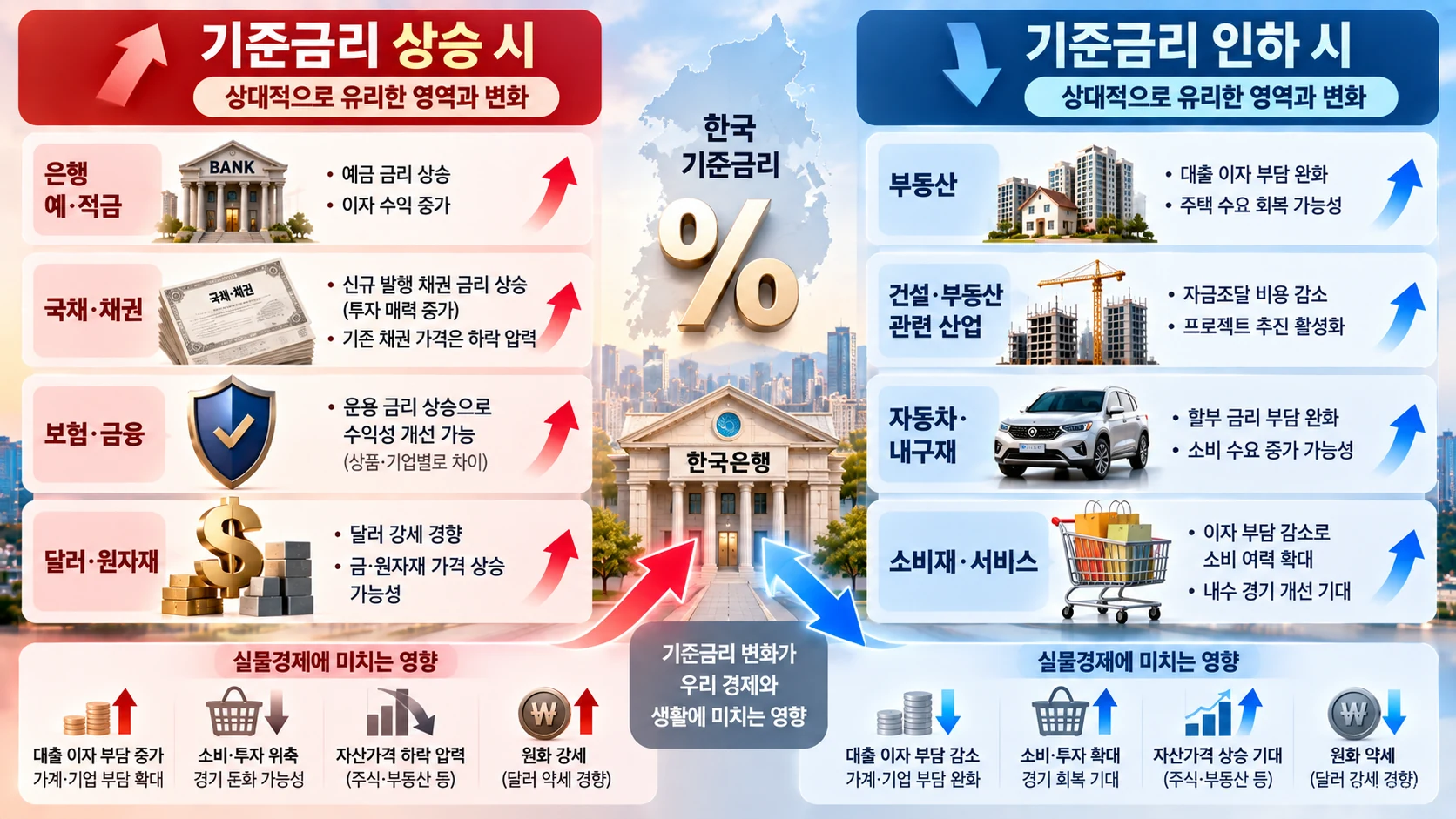 기준금리 상승과 인하가 금융과 실물경제에 미치는 영향을 비교한 인포그래픽