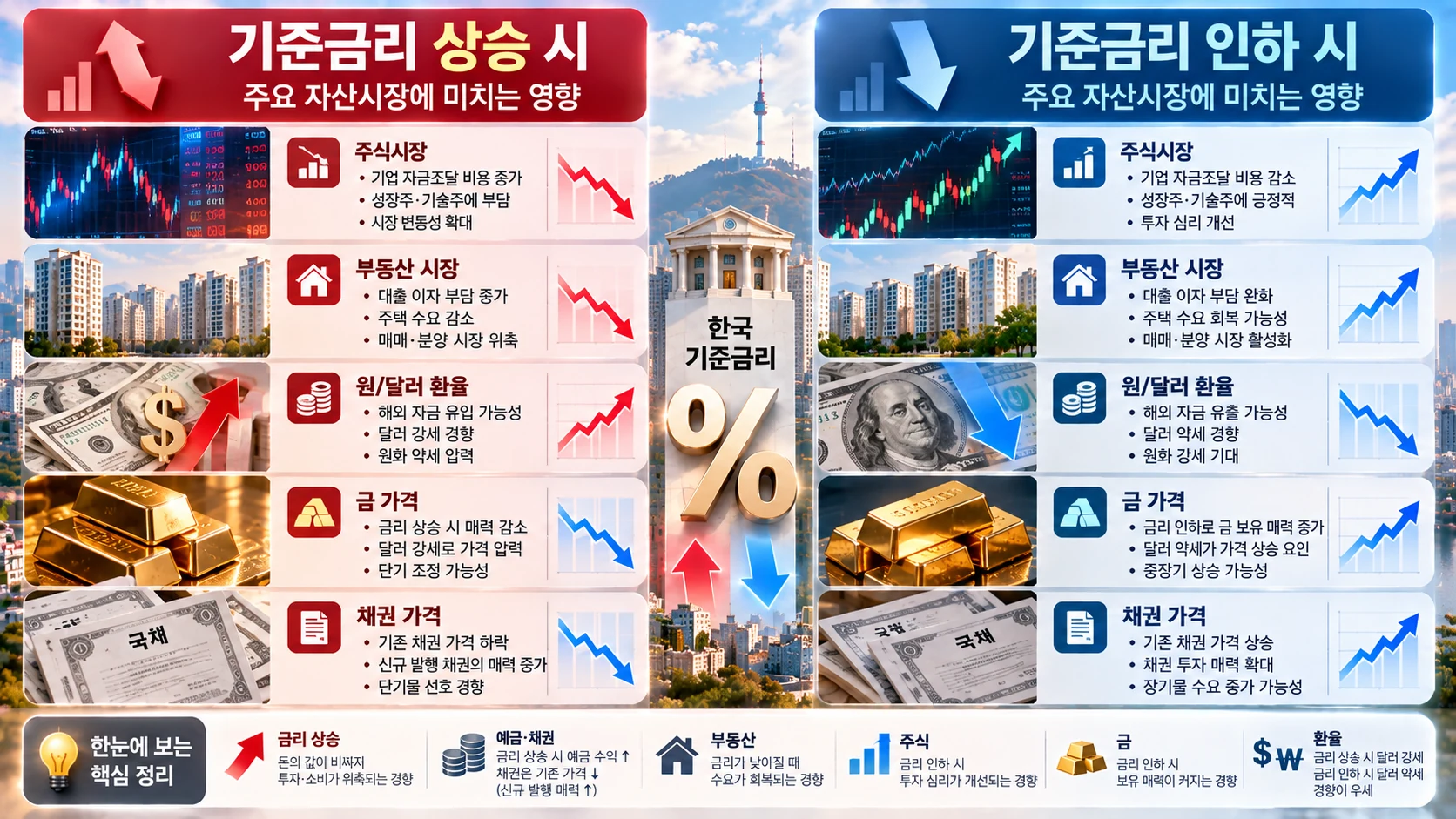 기준금리 상승과 인하가 주식·부동산·환율·금·채권에 미치는 영향을 비교한 인포그래픽