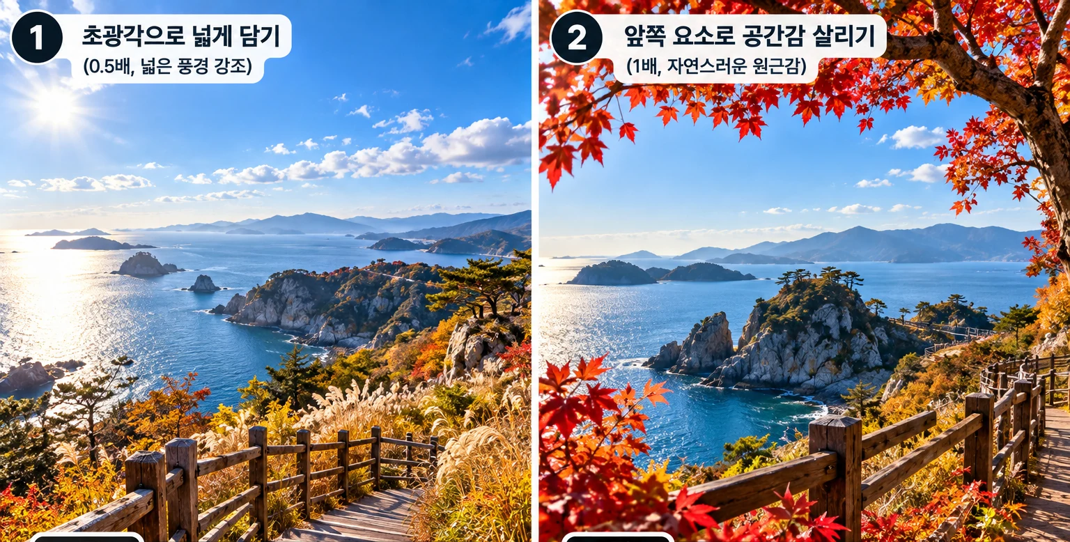 가을 해안 풍경을 초광각과 전경 요소를 활용해 촬영한 사진 비교