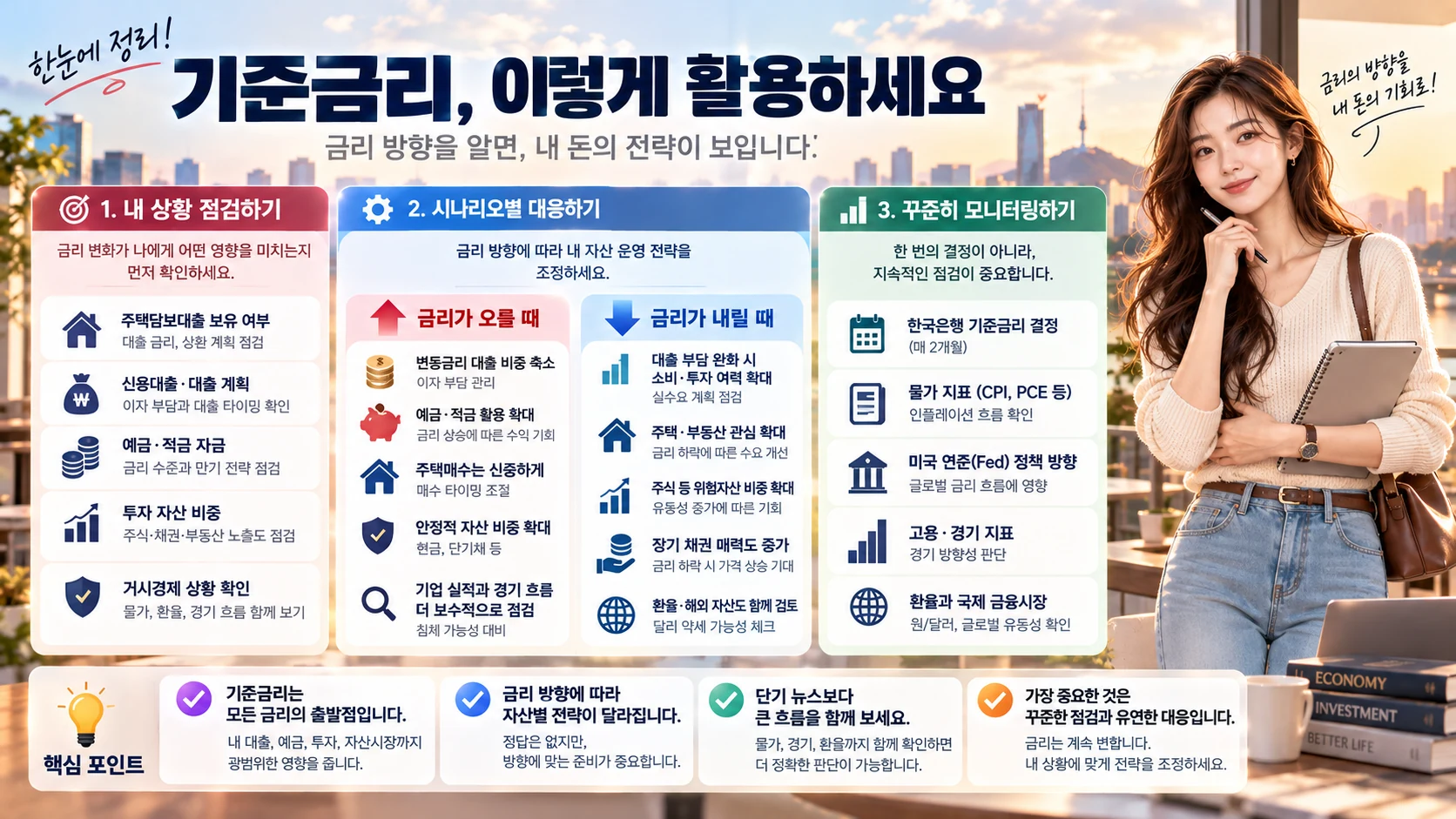 김모아 에디터가 기준금리를 활용해 개인 재무와 투자 환경을 점검하는 방법을 설명하는 이미지