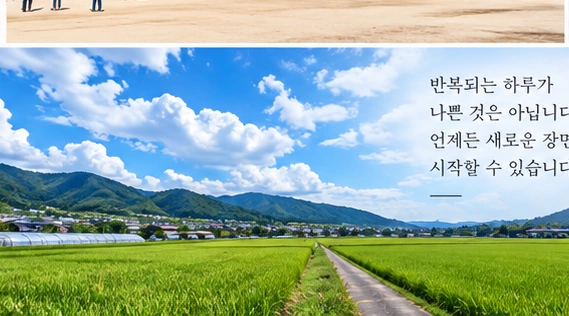 푸른 들판과 산, 구름이 이어진 풍경